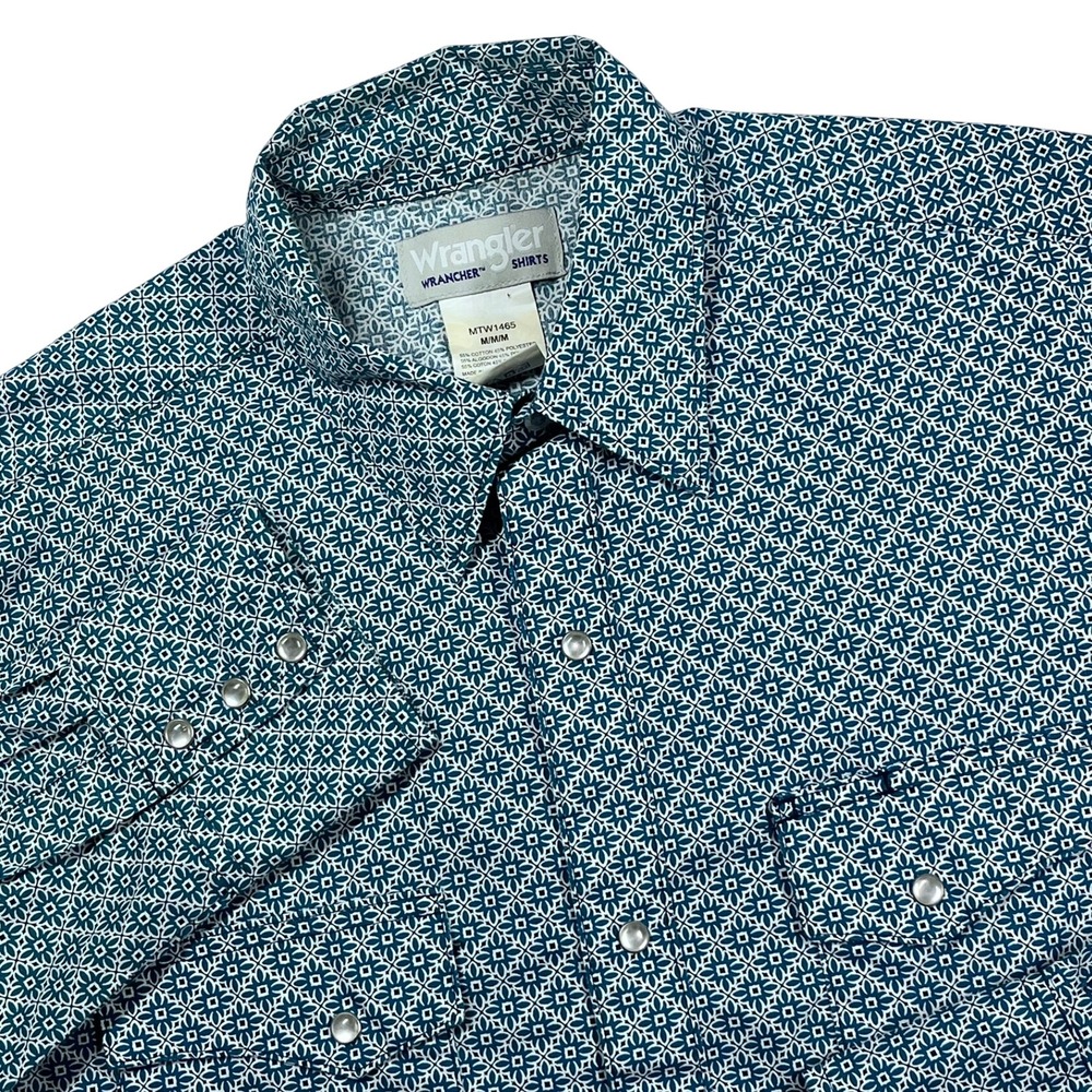 Wrangler Wrancher Mens Medium Teal Geometric Medallion Western Pearl Snap Shirt